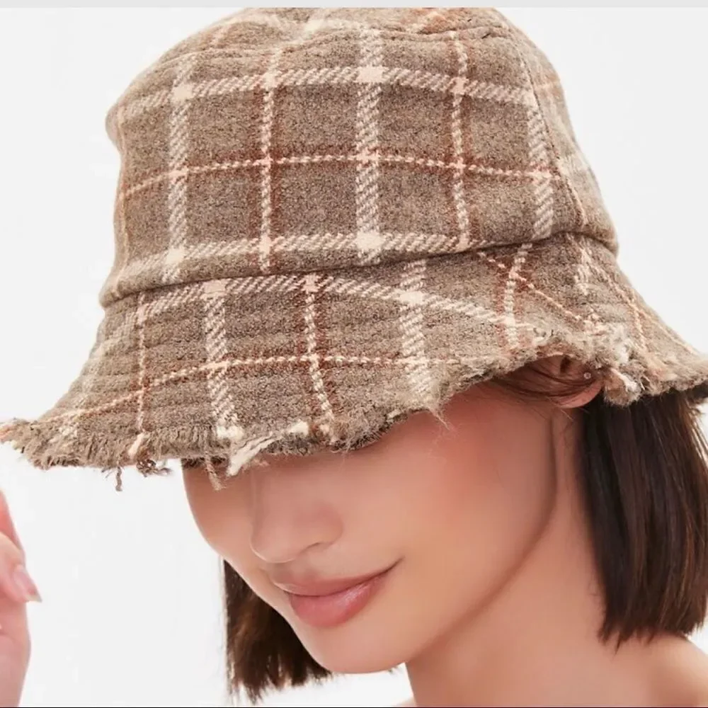 Frayed Woven Bucket Hat allover plaid pattern wide brim, and frayed raw-cut Trim
